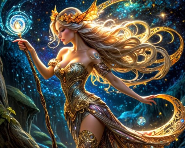 Majestic figure in enchanted forest with glowing orb