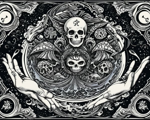 Black and white skull design with celestial motifs