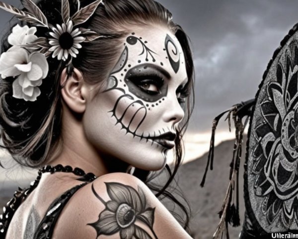 Woman with Day-of-the-Dead Makeup and Floral Tattoo