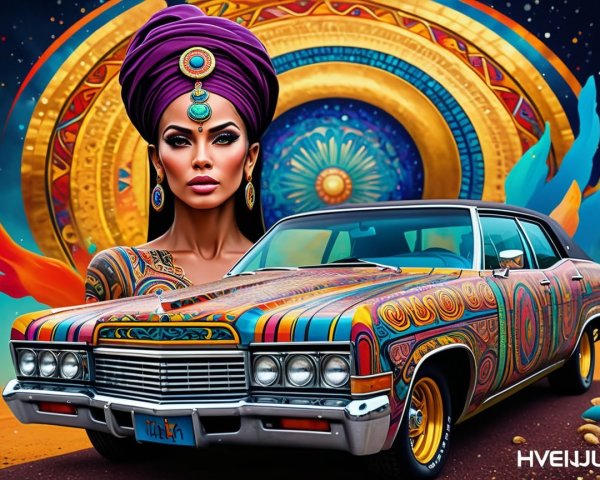 Psychedelic Scene with Adorned Woman and Classic Car