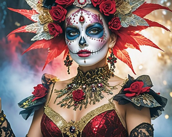 Portrait of a woman in vibrant Dia de los Muertos makeup