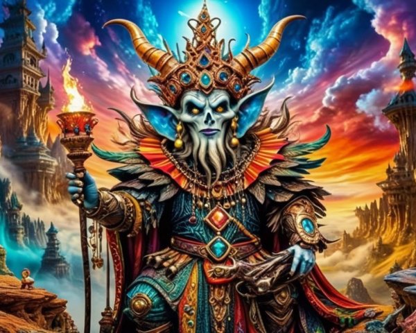 Majestic figure in colorful armor on rocky outcrop