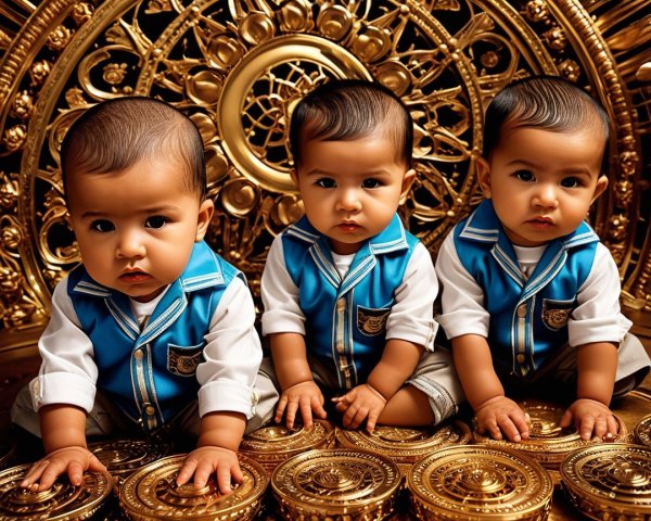 Three Babies in Blue Vests Against Golden Backdrop