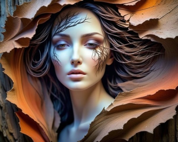 Young Woman Surrounded by Textured Natural Elements