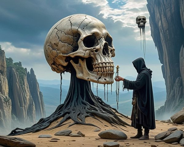 Surreal Landscape with Skull and Cloaked Figure