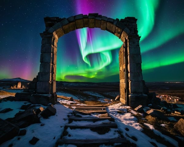 Night Scene with Stone Archway and Northern Lights