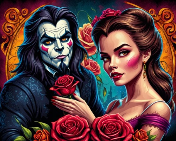 Couple in Gothic Embrace Surrounded by Red Roses