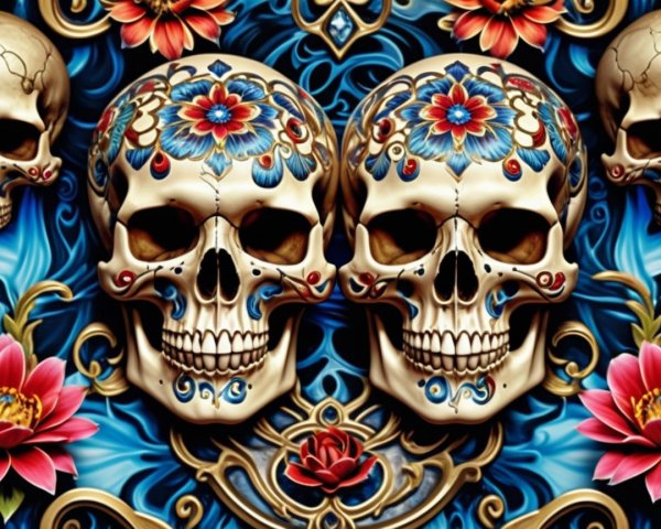 Ornate Skull Design with Colorful Floral Patterns