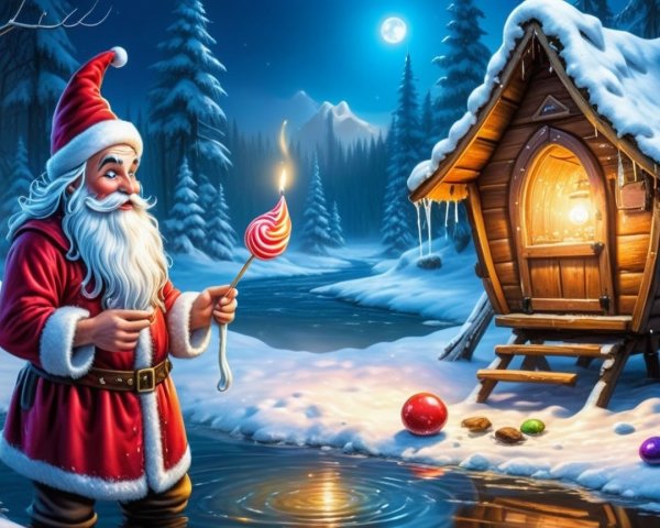 Santa Claus Fishing in a Winter Wonderland Scene