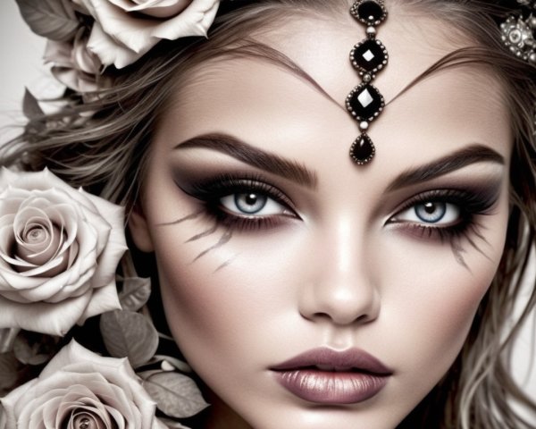 Close-up of a woman with dramatic makeup and roses