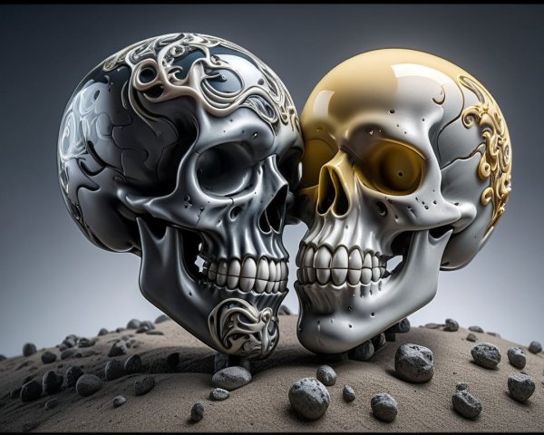 Artistic Skulls in Black and Gold on Textured Surface