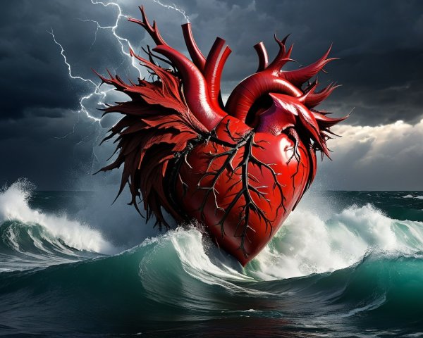 Surreal Heart Rising from Stormy Ocean Waves
