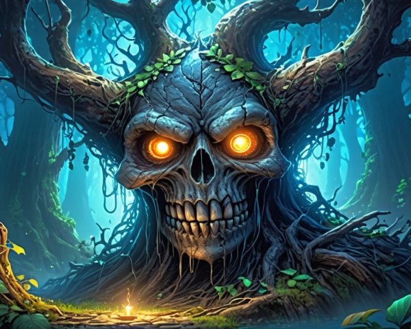 Mystical forest with a colossal gnarled tree face