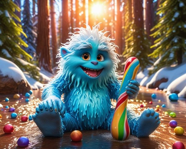 Blue-furred creature with candy cane in snowy forest