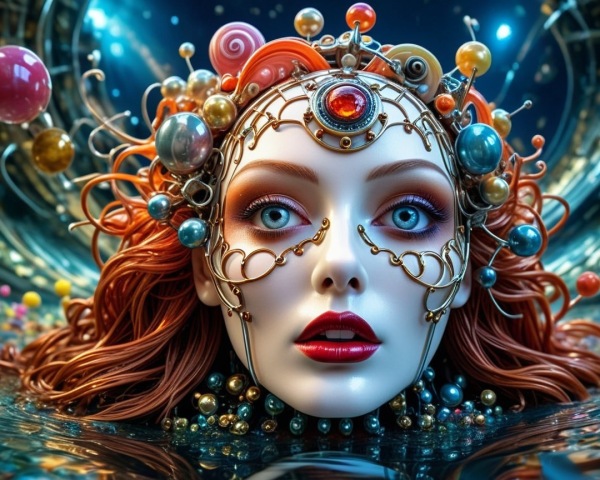 Surreal Female Face with Metallic Adornments and Orbs