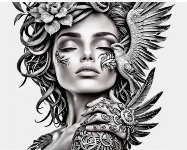 Monochrome Portrait of Woman with Floral Details