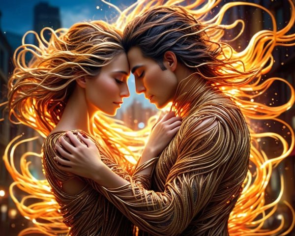 Figures in Embrace with Fiery Hair and Cityscape Background