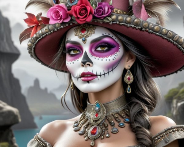Traditional Día de los Muertos Makeup with Coastal View