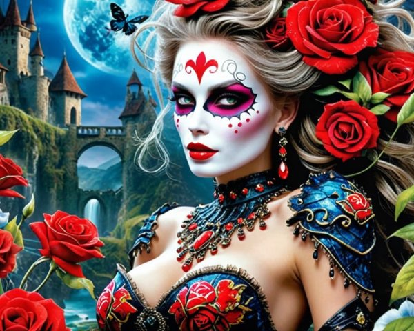 Woman with Sugar Skull Face Paint and Floral Hair