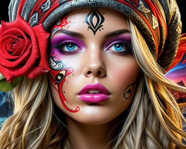 Portrait of a woman with facial tattoos and vibrant makeup