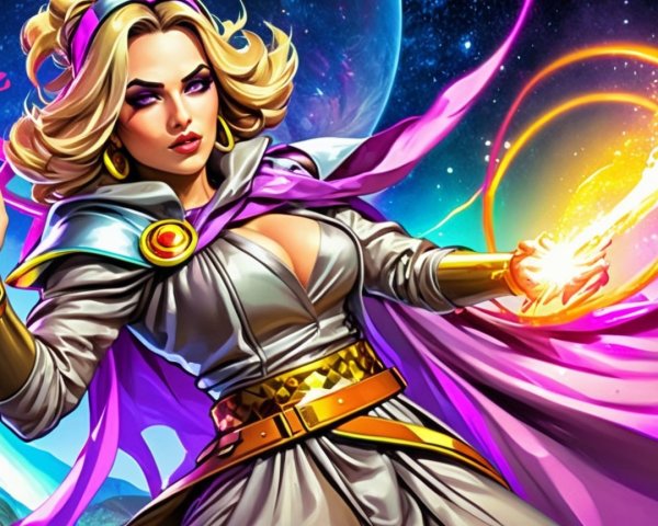 Sorceress in Cosmic Landscape with Vibrant Colors
