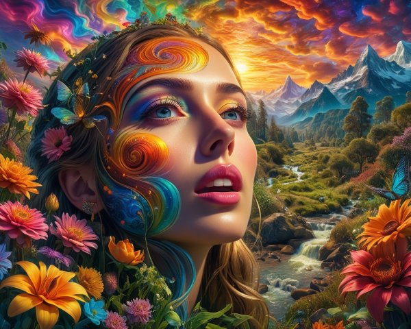 Vibrant Portrait of a Woman in a Dreamlike Landscape