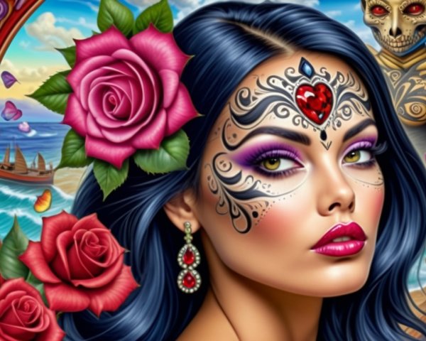 Striking Woman with Facial Adornments and Ocean Backdrop