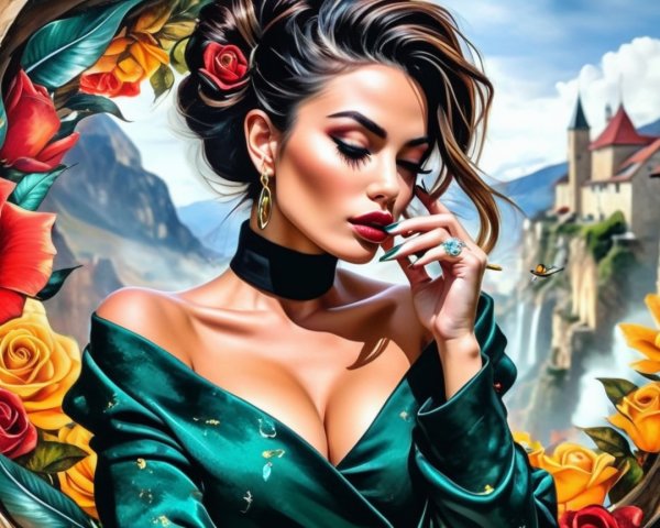 Woman in Green Dress with Scenic Castle Background