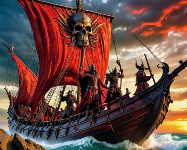 Dramatic Pirate Ship with Red Sail in Turbulent Waters