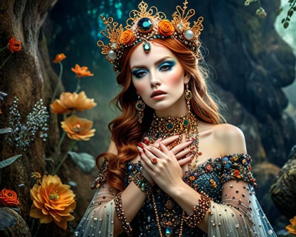 Elegant Woman in Gem-Studded Gown in Enchanted Forest