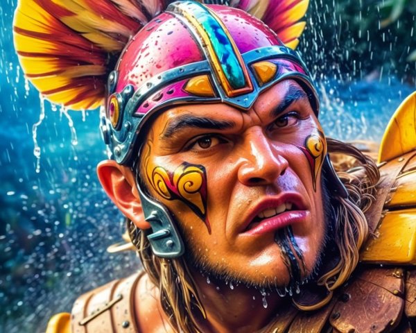 Fierce Warrior Under Waterfall with Colorful Armor