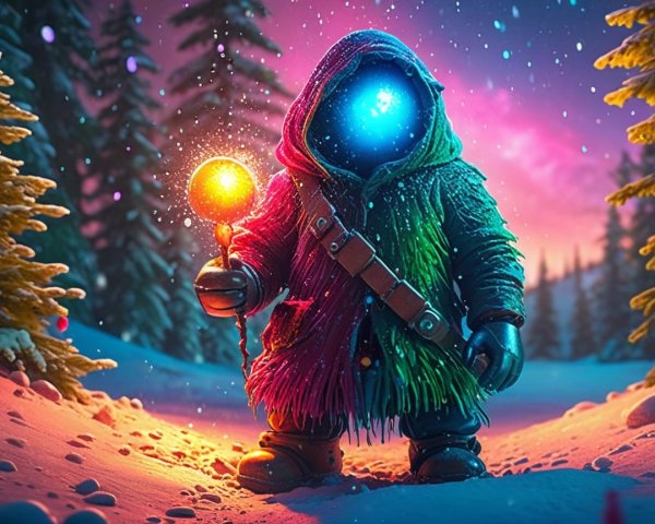 Cloaked Figure with Pulsating Light in Snowy Forest