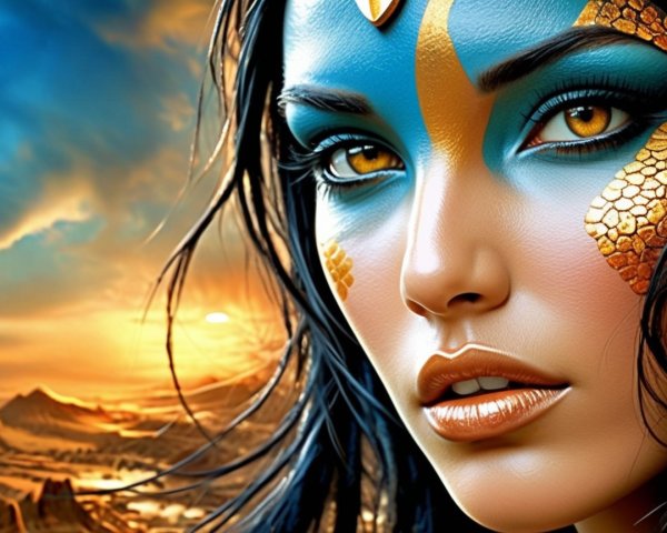 Vibrant Woman with Blue and Gold Face Paint in Landscape