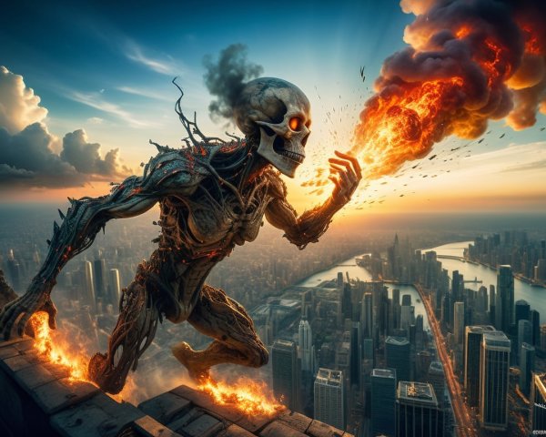 Skeletal Figure with Fiery Eyes Over City Skyline