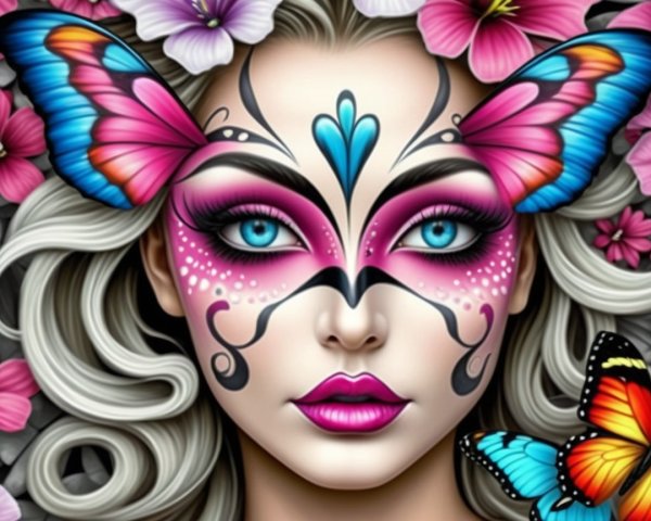 Portrait of a woman with butterfly makeup and flowers