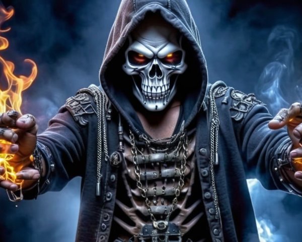 Mysterious Hooded Figure with Flames and Chains