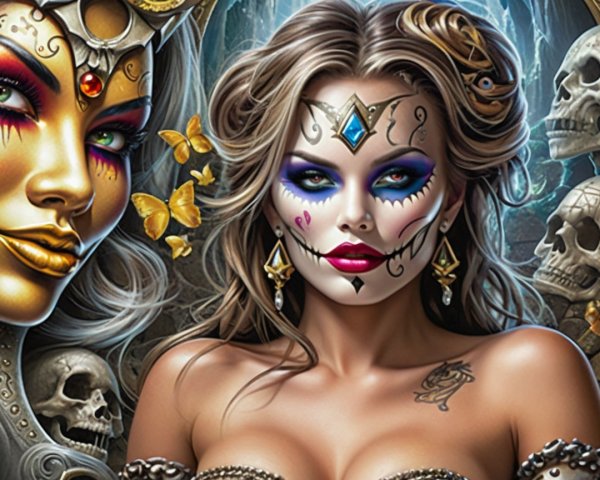 Fantasy Portrait of a Woman with Skull Makeup and Butterflies