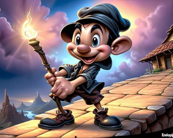 Cheerful character on a winding path with torch