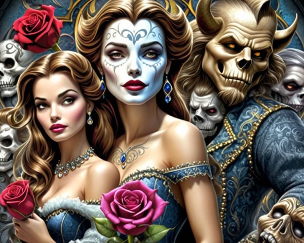 Fantasy Artwork of Women in Blue Dresses with Skulls