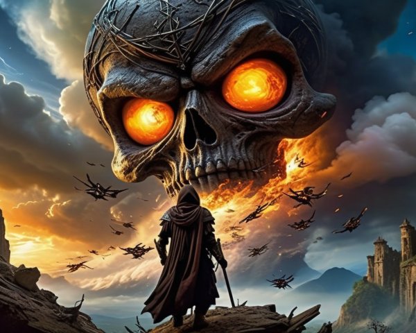 Cloaked Figure Overlooks Ominous Skull in Fantasy Landscape