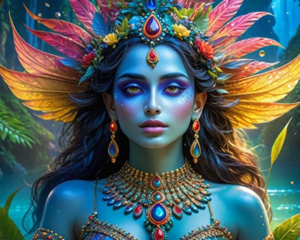 Mystical Figure Surrounded by Foliage and Jewels