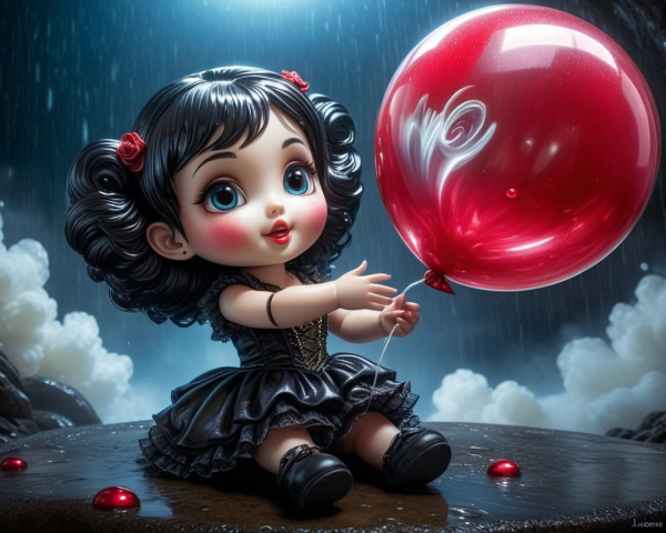 Charming Doll with Blue Eyes and Red Balloon in Rain