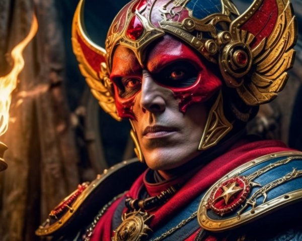 Fantasy Character in Elaborate Armor with Mask and Torch