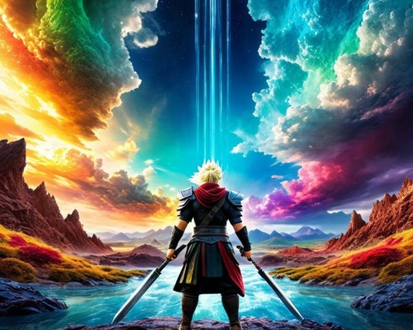 Lone Warrior with Dual Swords in Vibrant Landscape