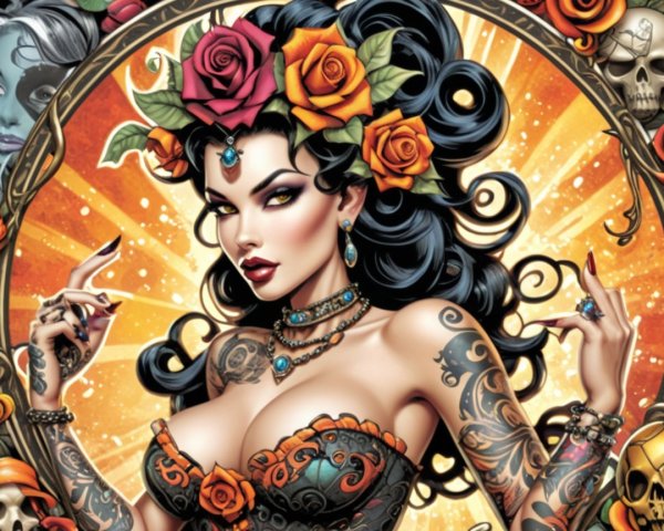 Beautiful woman with black hair and floral elements