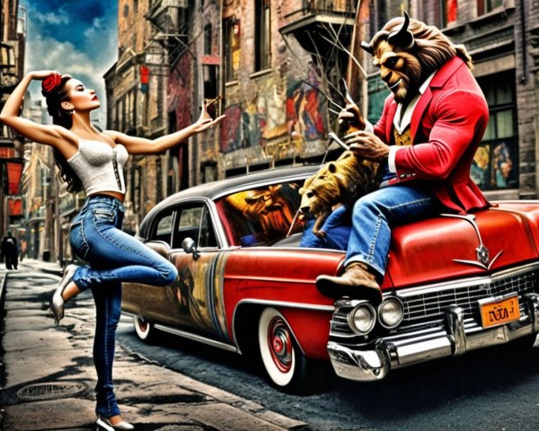 Urban Scene with Woman, Lion, and Bear by Convertible