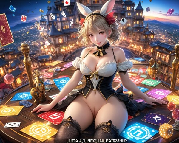 Anime Character with Bunny Ears at Gaming Table