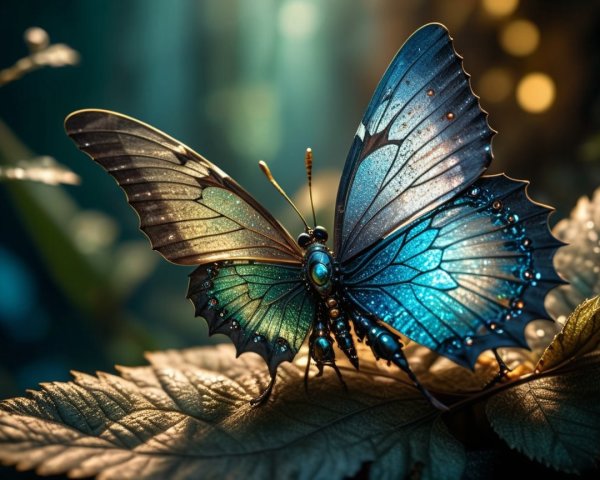 Intricate Butterfly on Leaf with Iridescent Wings