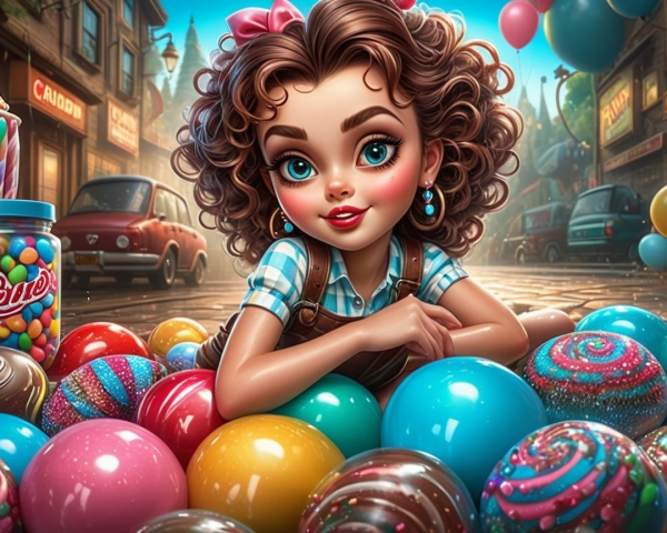 Young Girl Surrounded by Colorful Candies and Vintage Cars