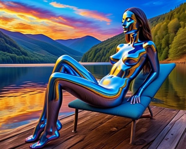 Metallic Figurine on Lounge Chair by Tranquil Lake